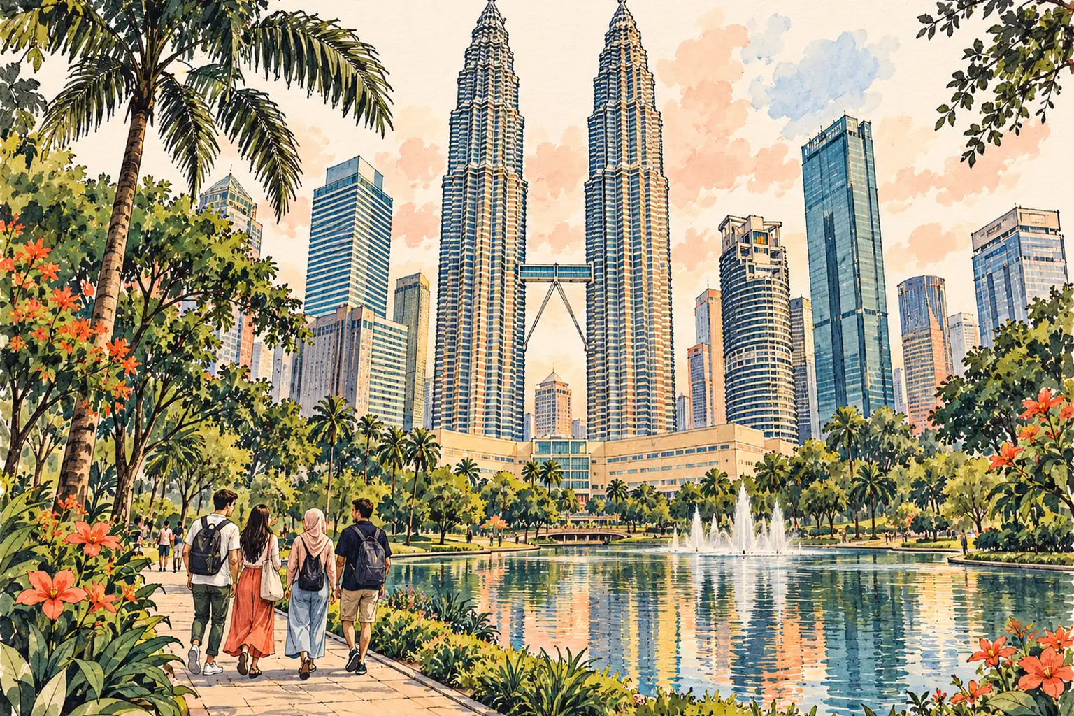 A hand-drawn Kuala Lumpur view with the Petronas Twin Towers above a tropical park and reflecting pool.