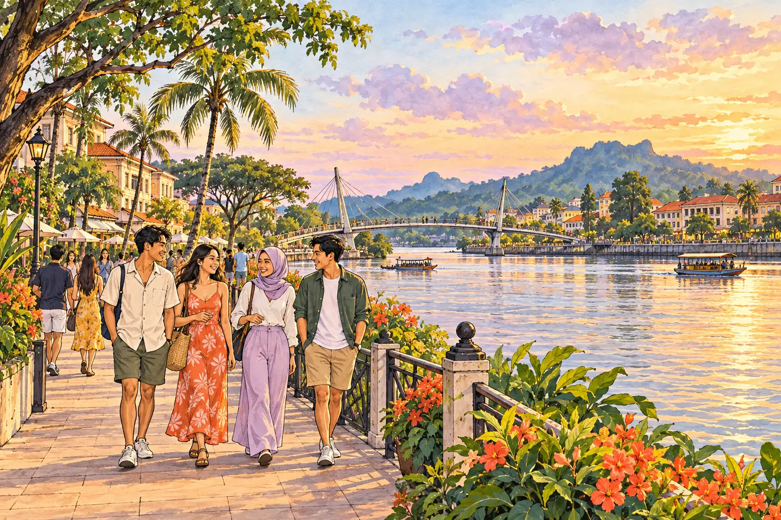 A hand-drawn generic view of Kuching, with a tropical riverside promenade, bridge and young adults together.