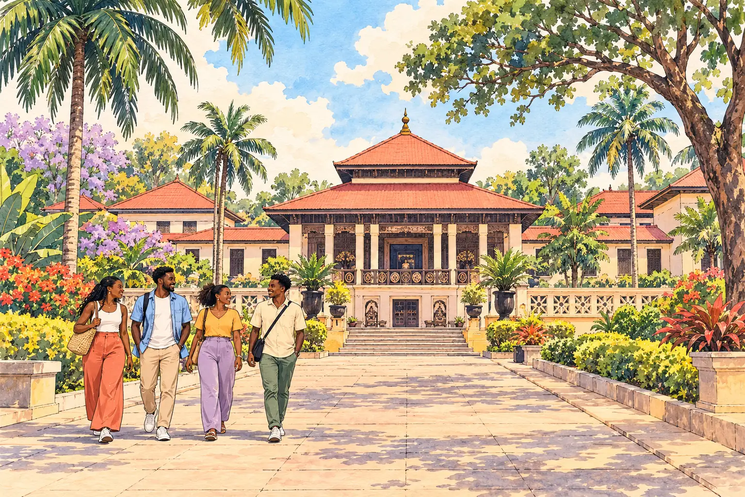 A hand-drawn regional streetscape in Kumasi, with tropical gardens, civic architecture and young adults walking together.