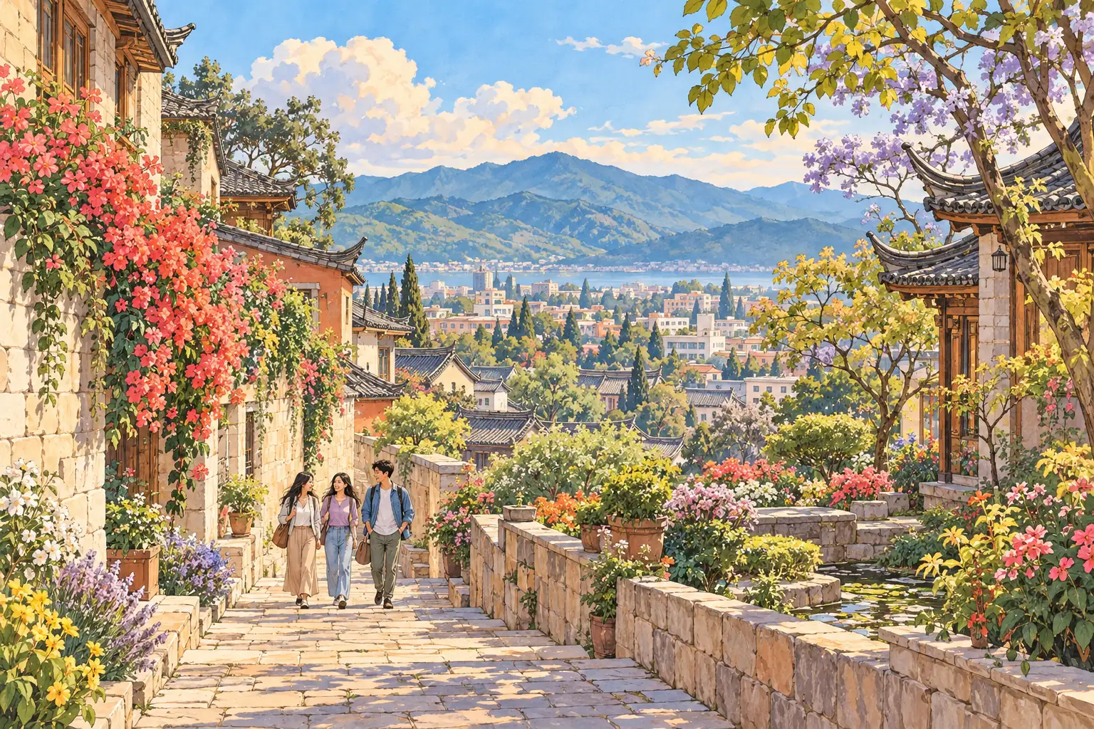 A hand-drawn Kunming neighborhood with young adults walking through a flower-filled garden below Yunnan hills.