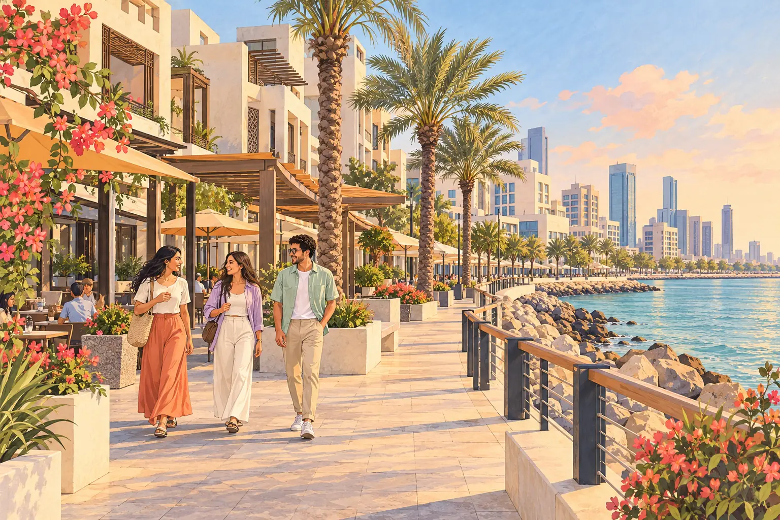 A hand-drawn view of Kuwait City, with local streets, greenery and young adults together.