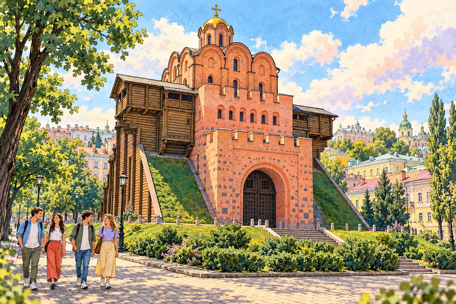 A hand-drawn view of Kyiv’s reconstructed medieval Golden Gate among leafy streets and historic rooftops.