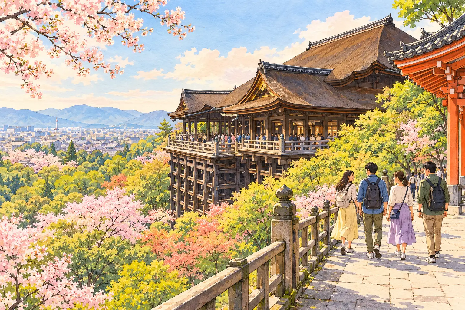 A hand-drawn view of Kyoto’s Kiyomizu-dera hillside stage above green hills and the city.