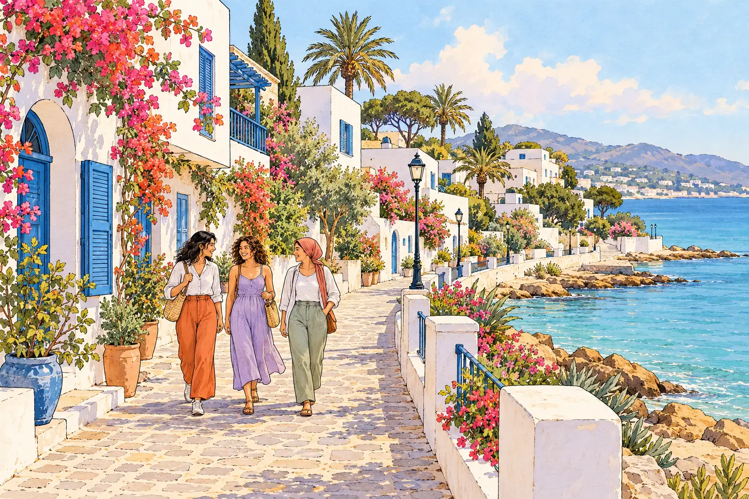 A hand-drawn view of La Marsa, with local streets, greenery and young adults together.