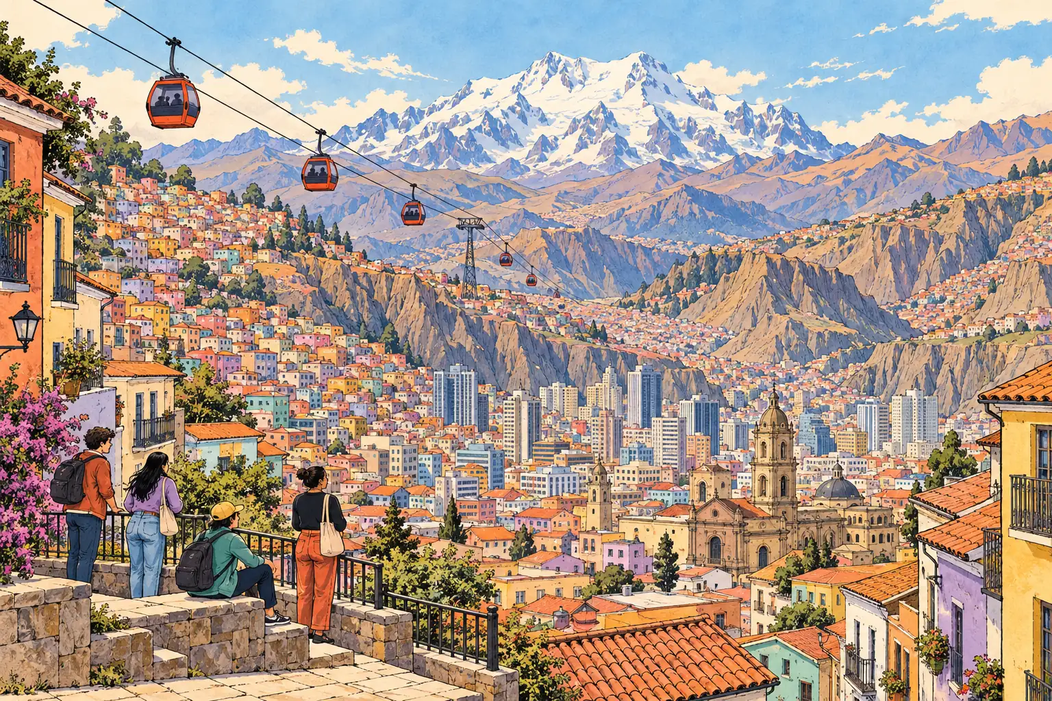 A hand-drawn view of La Paz’s hillside city, cable cars and Illimani peak.