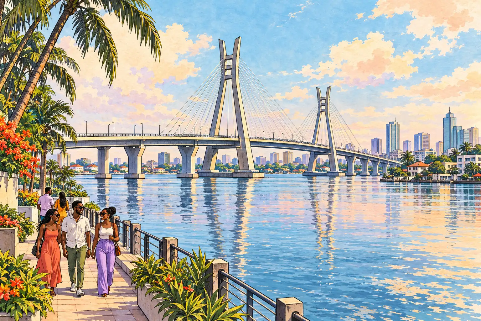 A hand-drawn Lagos Lagoon view with the Lekki-Ikoyi Link Bridge and young adults on the waterfront.