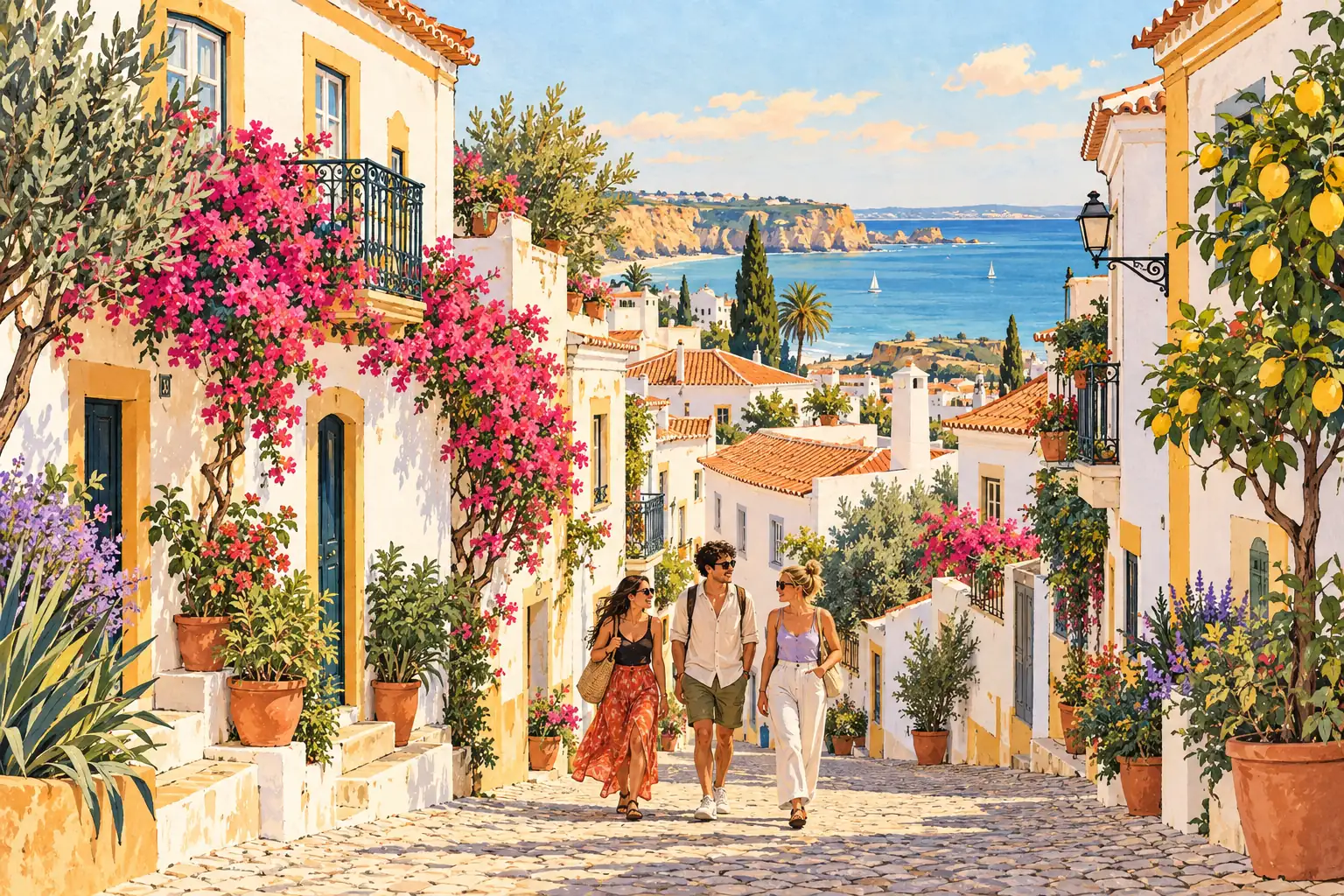 A hand-drawn Algarve streetscape with whitewashed houses, bougainvillea, Atlantic water and young adults walking together.