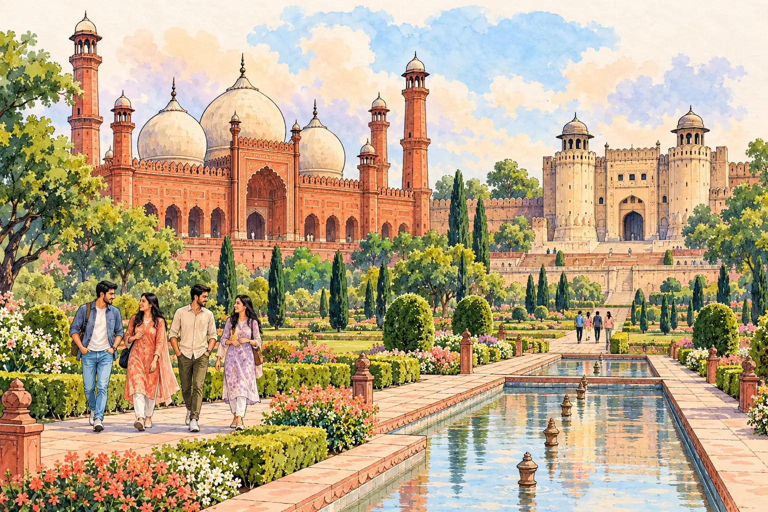 A hand-drawn view of Lahore’s red sandstone Badshahi Mosque, Lahore Fort and garden, with young adults strolling.
