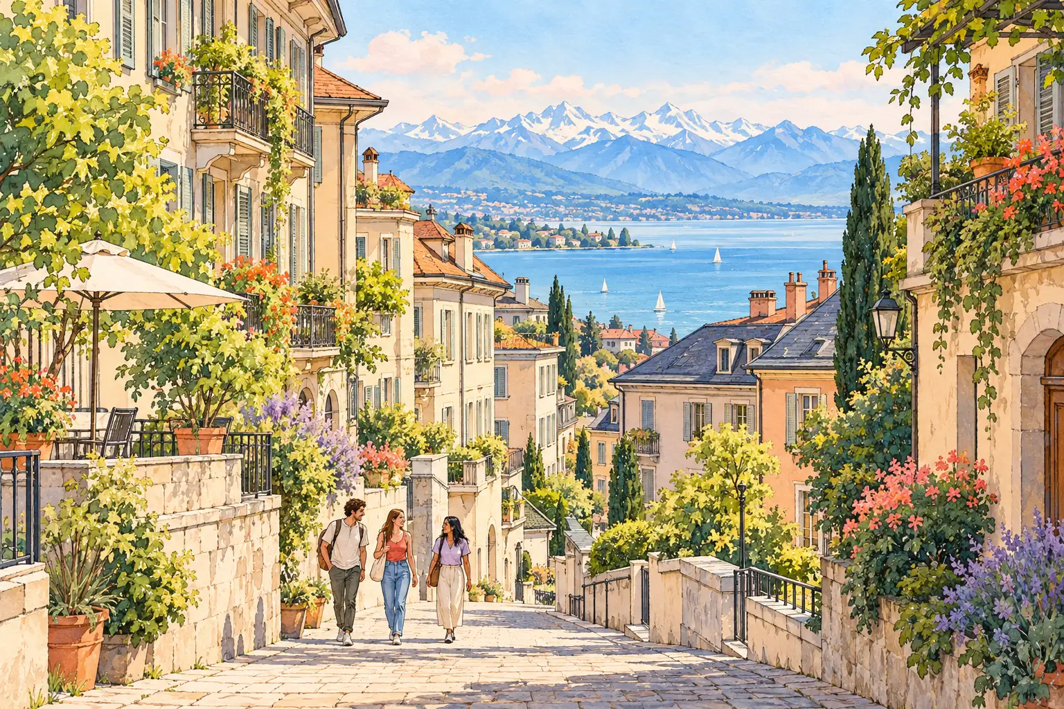 A hand-drawn Lausanne neighborhood with young adults walking down a leafy hillside street toward the lake and Alps.