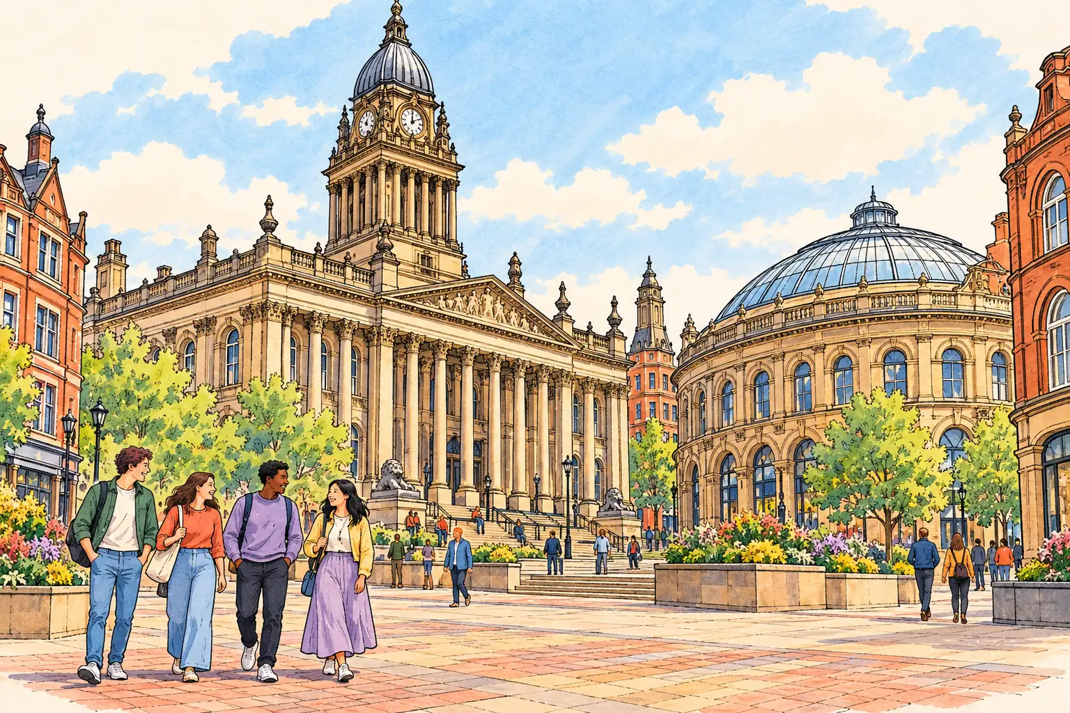 Young adults meet in City Square between Leeds Town Hall and the domed Corn Exchange.