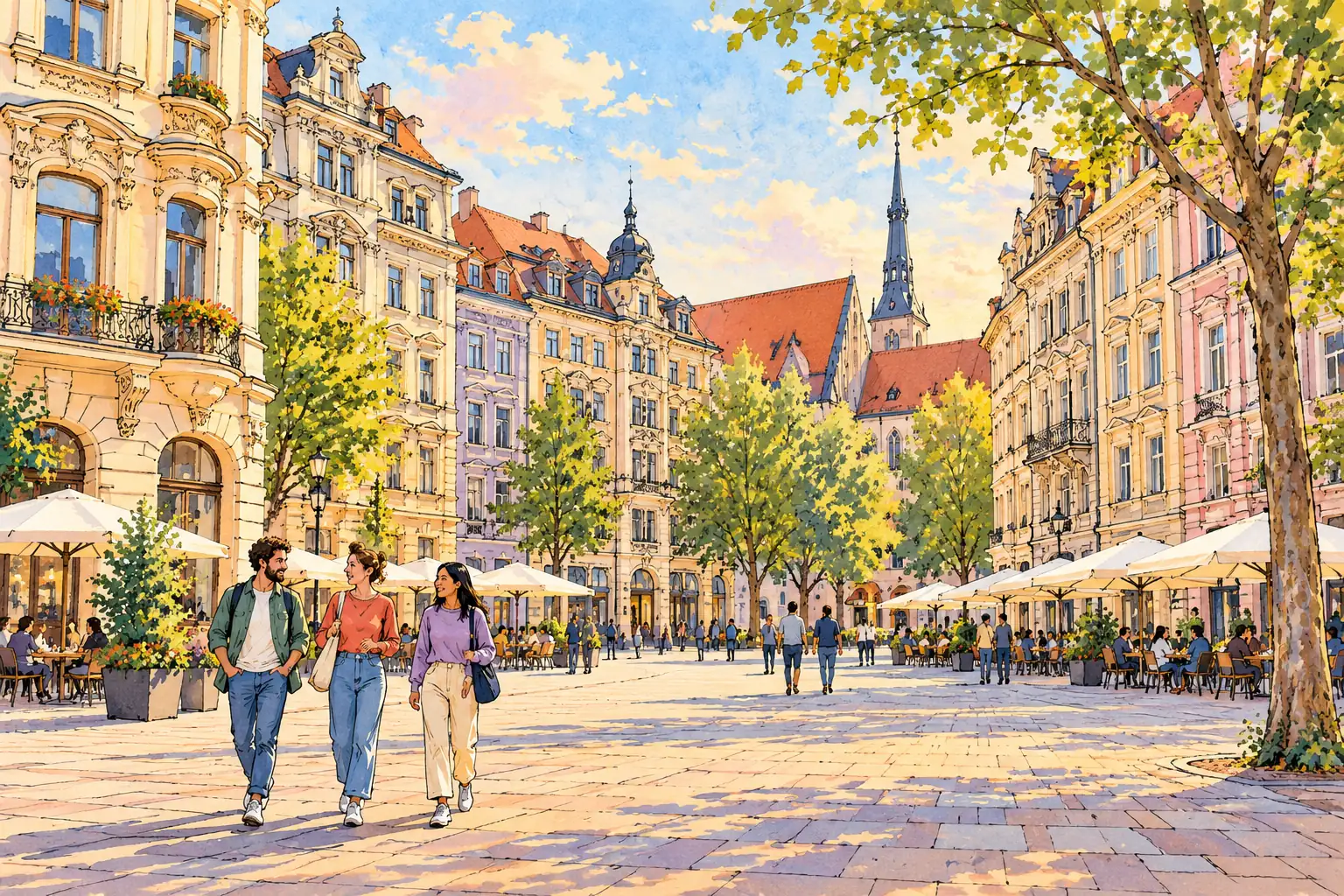 A hand-drawn historic square in Leipzig, with ornate pastel facades and young adults walking together.