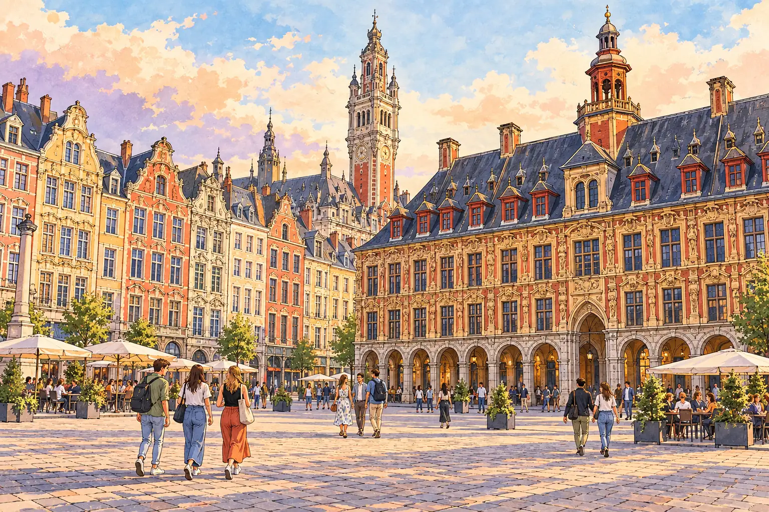 A hand-drawn view of Lille’s Grand Place, with ornate Flemish-style facades and young adults crossing the square.