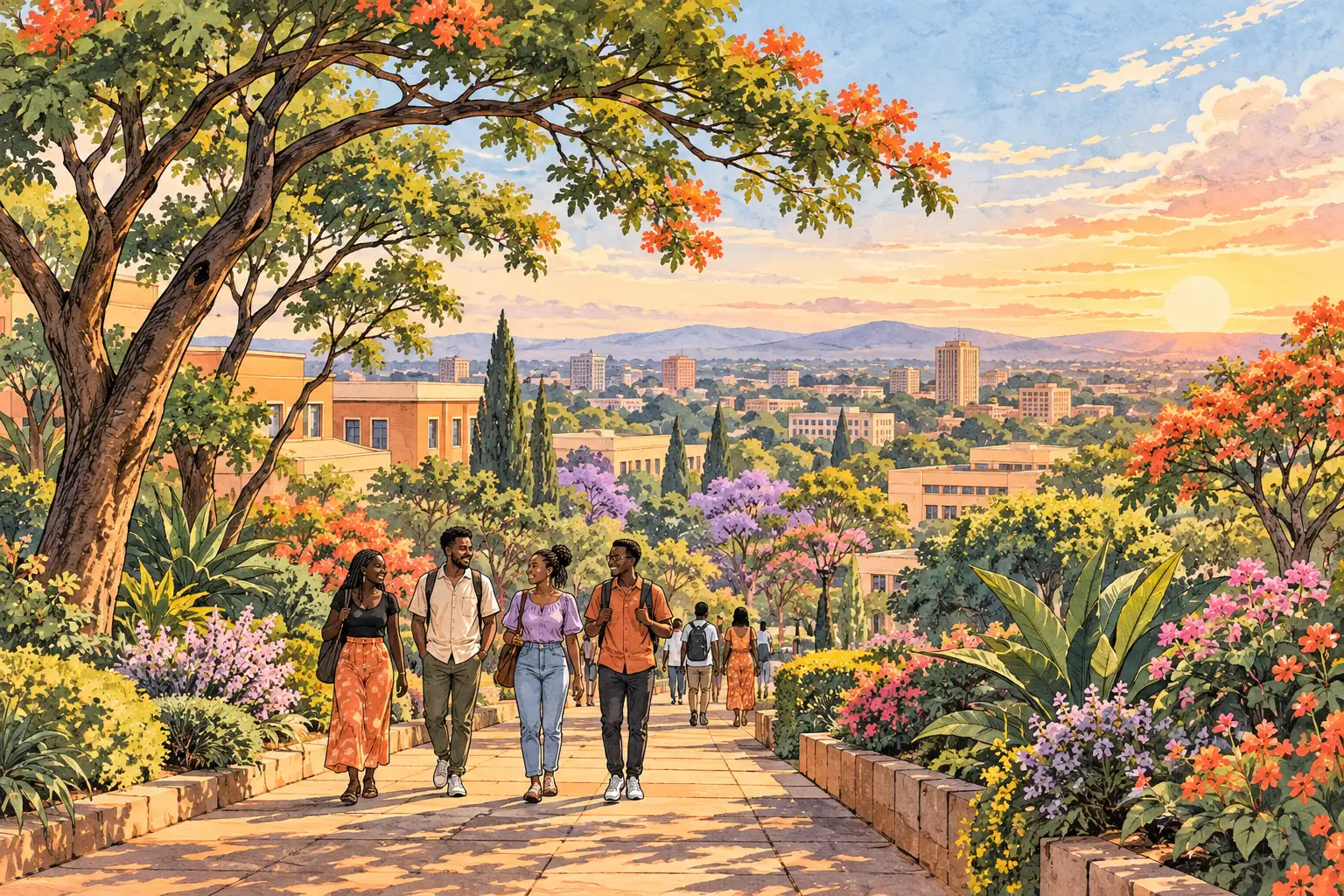 A hand-drawn green city park in Lilongwe, with low-rise buildings beyond.