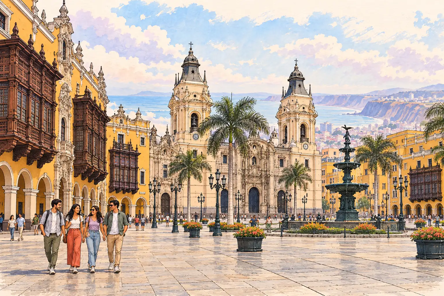 A hand-drawn view of Lima’s Plaza Mayor with ornate balconies and historic facades.