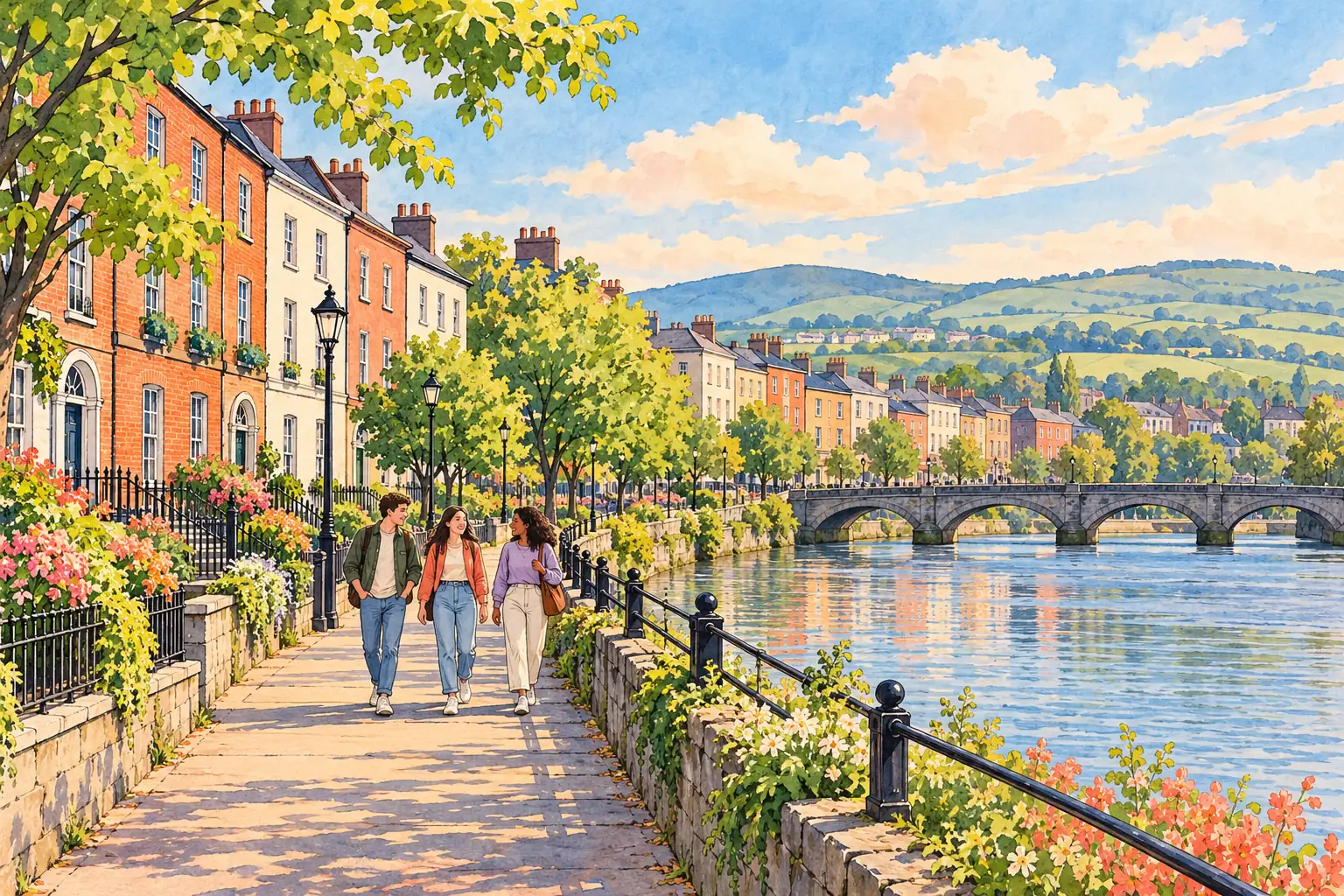 A hand-drawn Limerick riverside neighborhood with young adults walking beside red-brick buildings and the river.