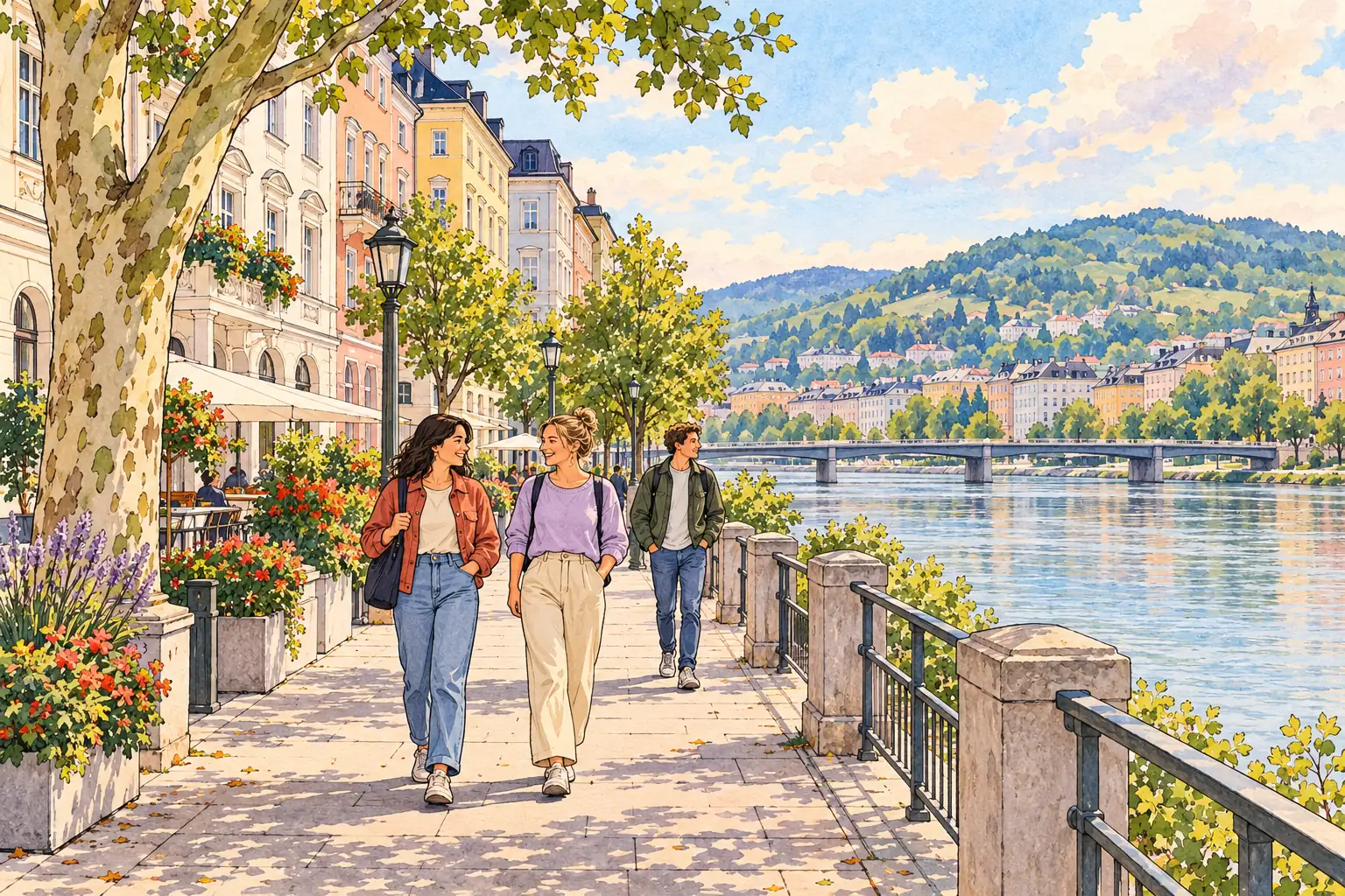 A hand-drawn view of Linz, with local streets, greenery and young adults together.