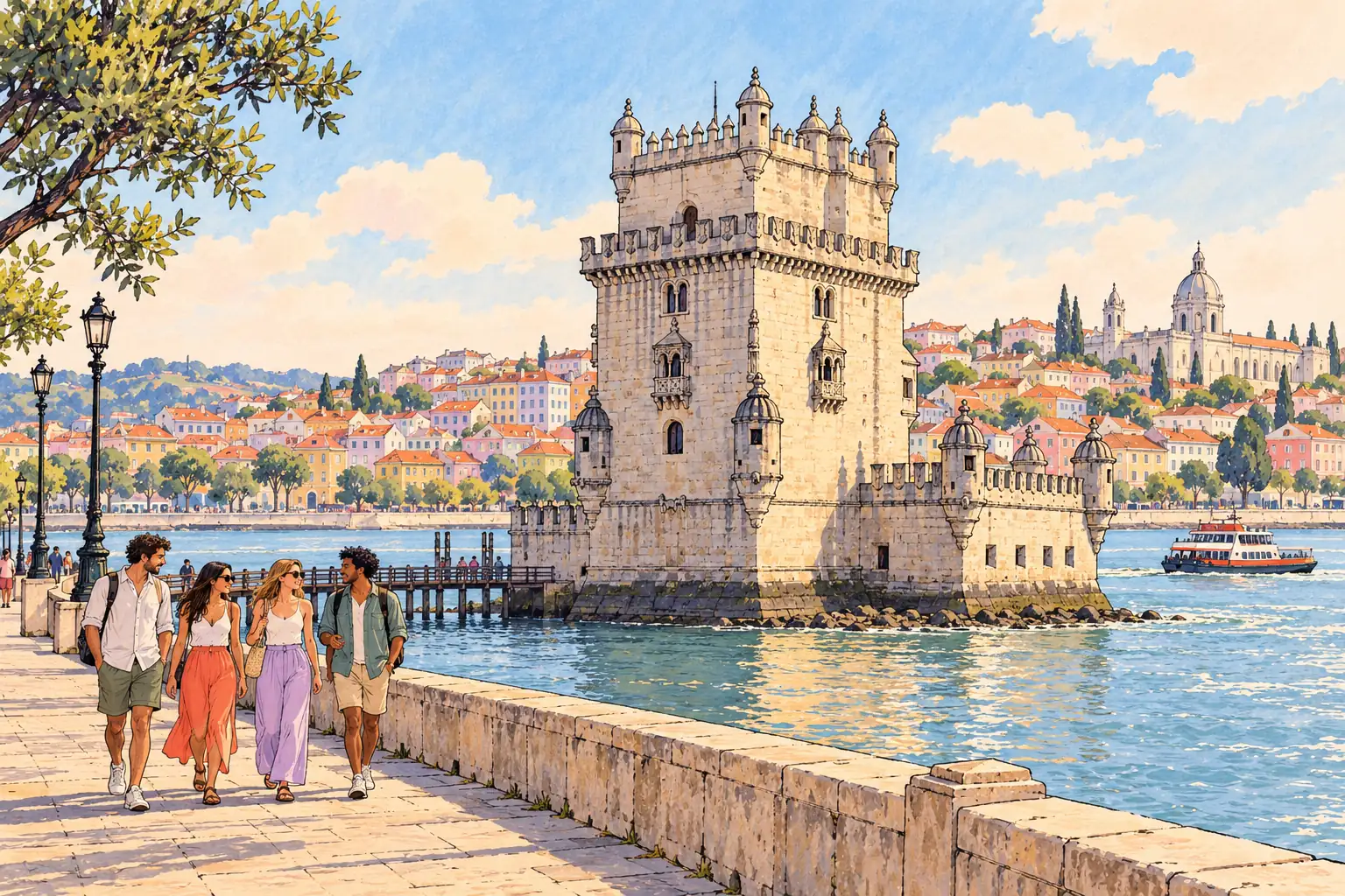 A hand-drawn Lisbon waterfront with Belém Tower, tiled rooftops and young adults strolling by the Tagus.