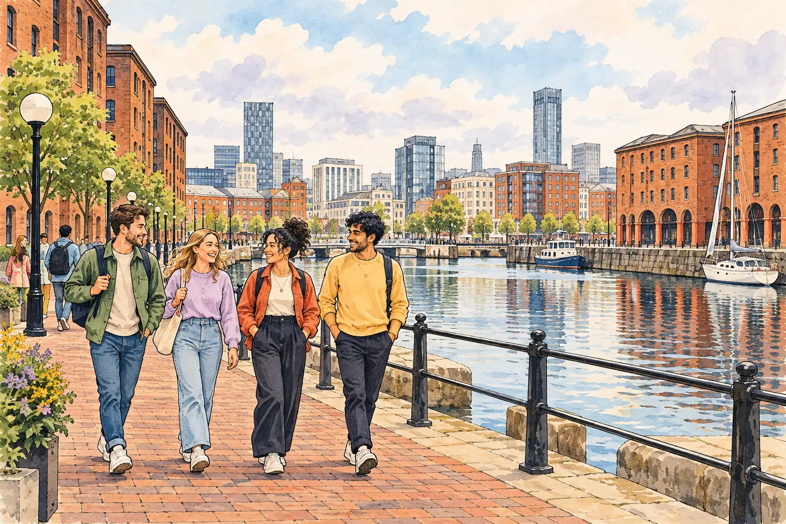 A hand-drawn generic view of Liverpool’s waterfront, with red-brick dockside buildings and young adults walking together.
