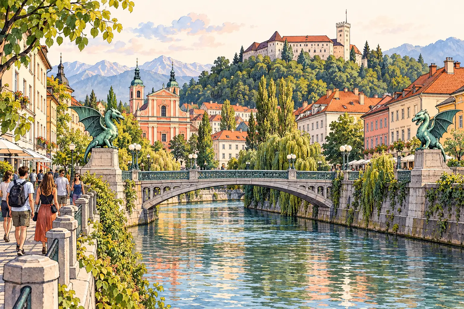 A hand-drawn view of Ljubljana’s Dragon Bridge over the Ljubljanica with castle hill behind.