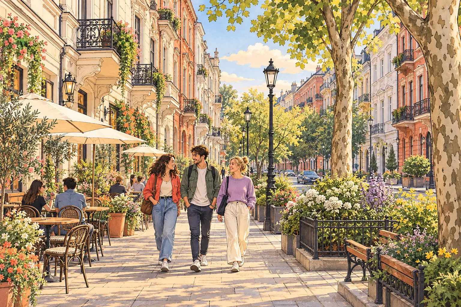 A hand-drawn Łódź streetscape with brick and stucco townhouses, plane trees and young adults walking together.