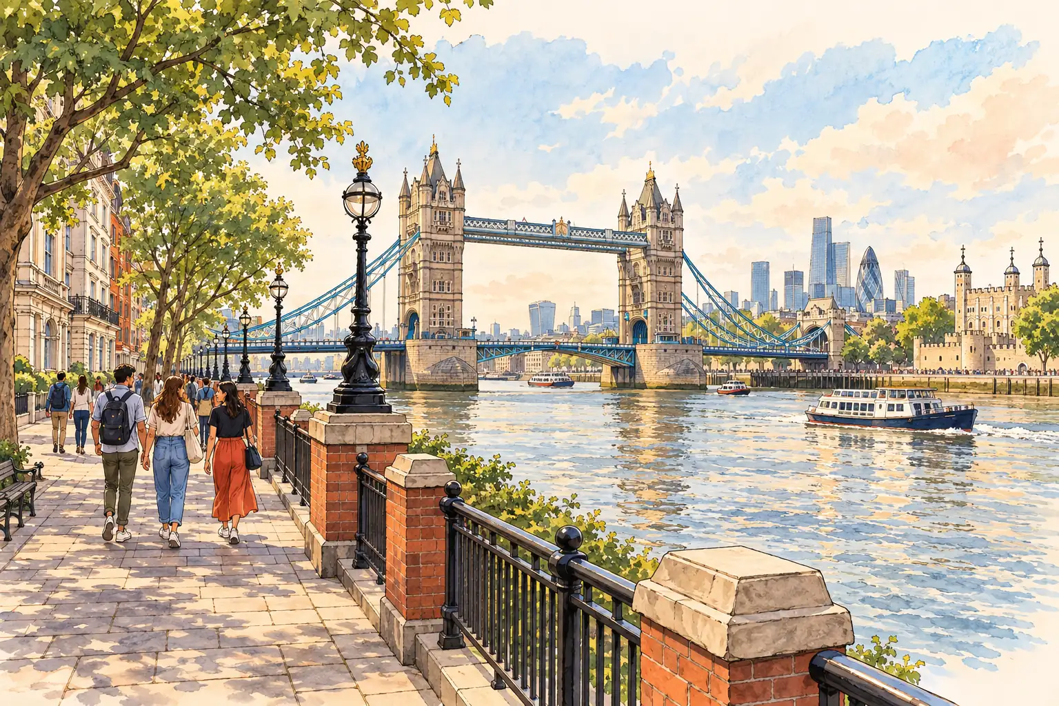 A hand-drawn view of London, United Kingdom, with local streets, greenery and young adults together.