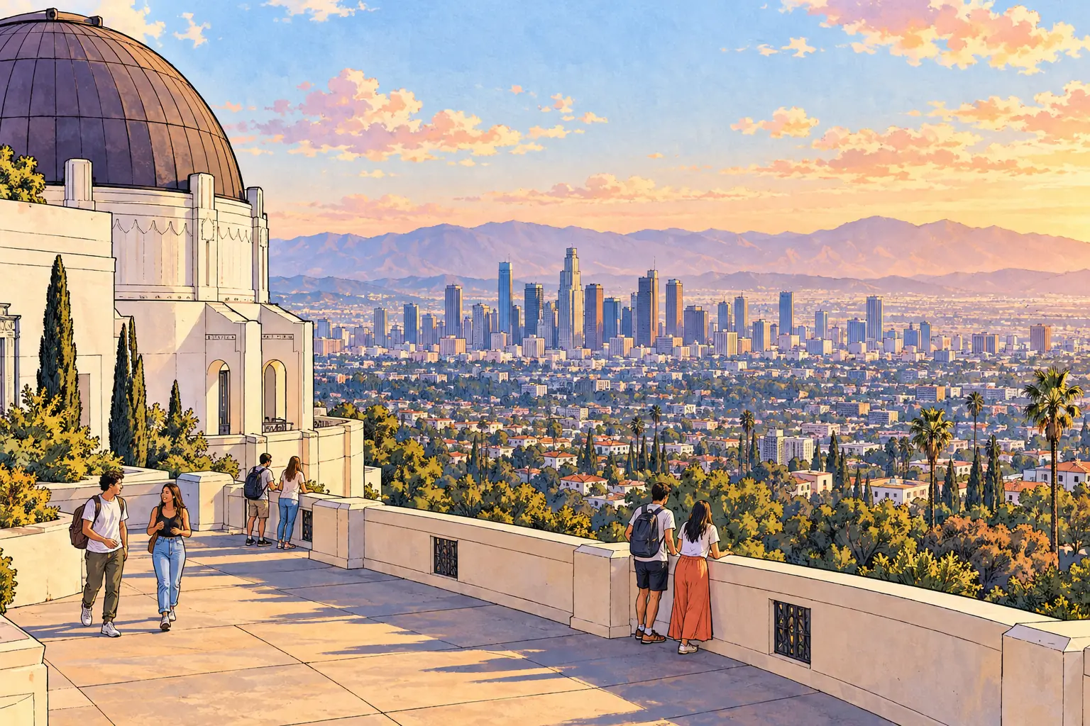 A hand-drawn view from Griffith Observatory across Los Angeles toward downtown and distant hills.