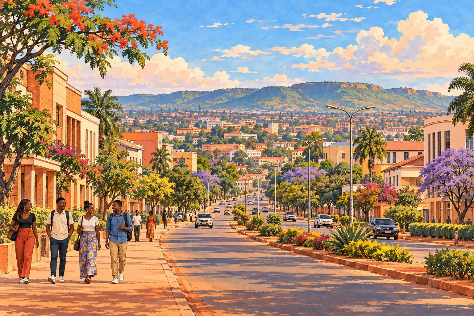 A hand-drawn generic view of Lubumbashi, with young adults walking along a leafy avenue beneath green hills.