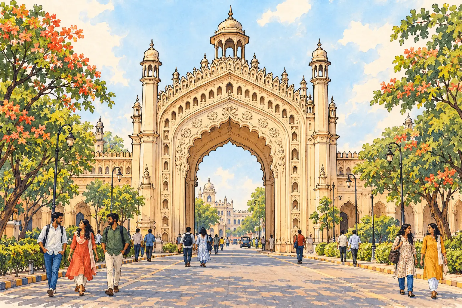 Young adults stroll beneath Lucknow’s ornate Rumi Darwaza gateway.