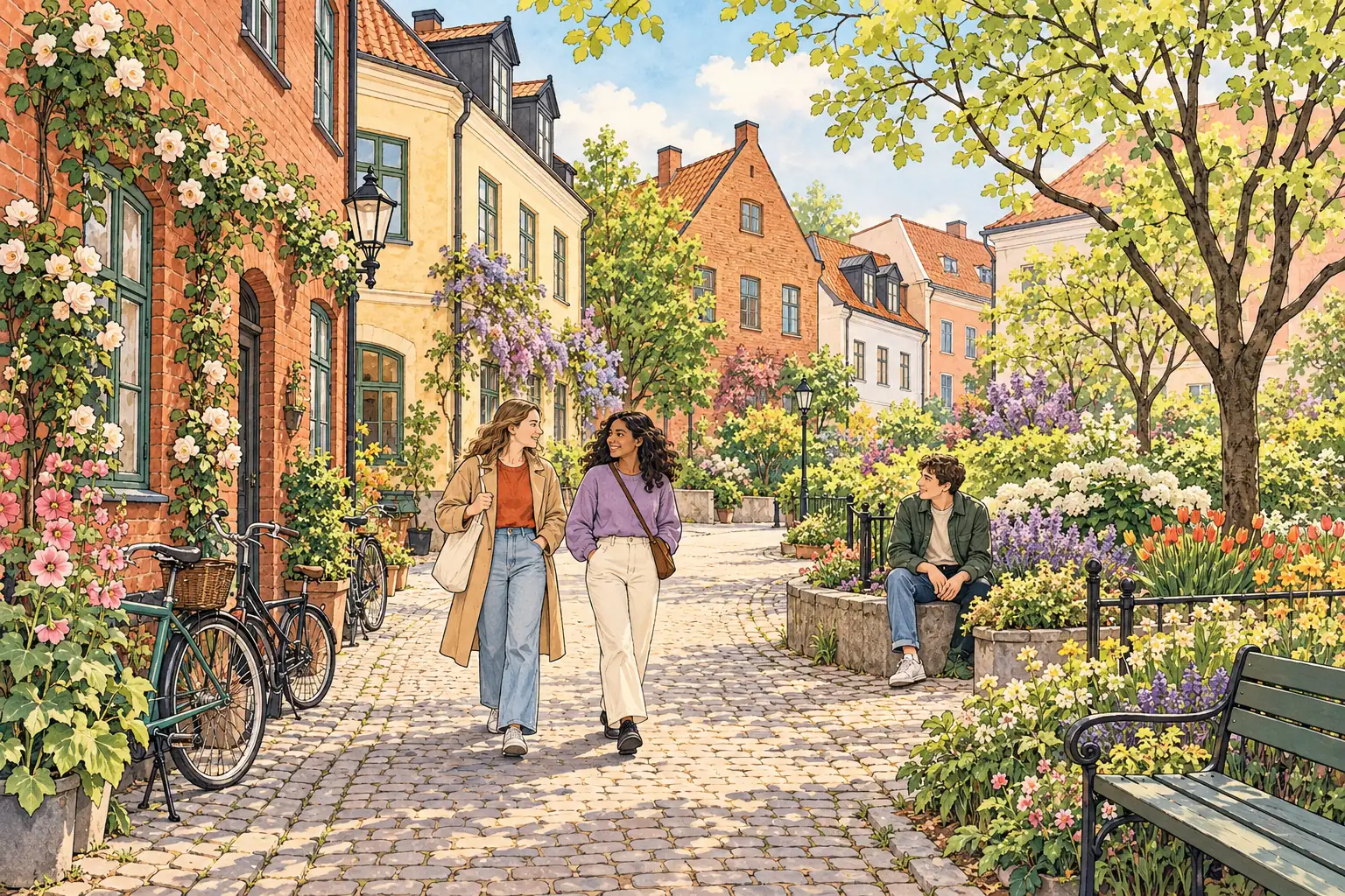 A hand-drawn view of Lund, with local streets, greenery and young adults together.