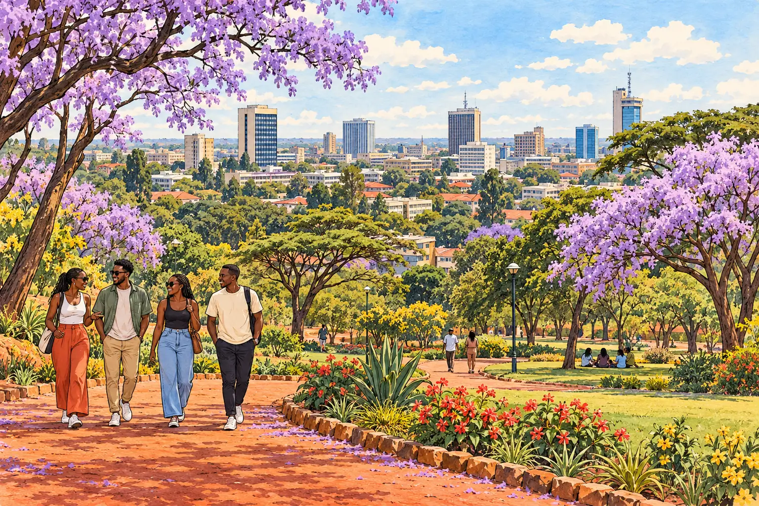 A hand-drawn view of Lusaka’s flowering parkland and low skyline, with young adults walking together.