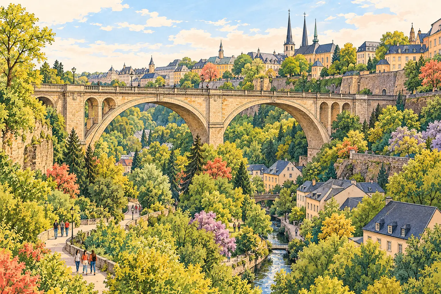 A hand-drawn view of Adolphe Bridge spanning Luxembourg City’s leafy Pétrusse Valley.
