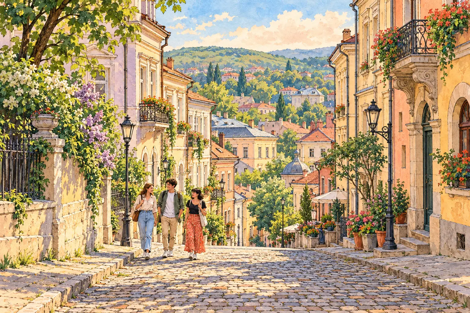 A hand-drawn Lviv hillside street with young adults walking between pastel buildings and leafy courtyards.