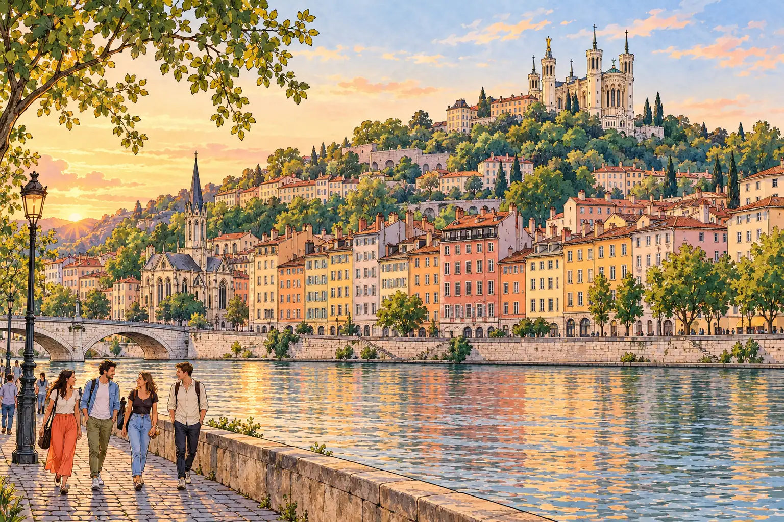 A hand-drawn Lyon river view with Vieux Lyon facades and Fourvière Basilica on the hill.