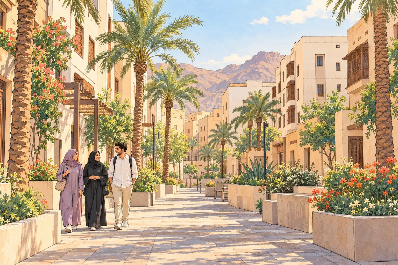 A hand-drawn Madinah neighborhood with young adults walking along a palm-shaded street between pale stone buildings.