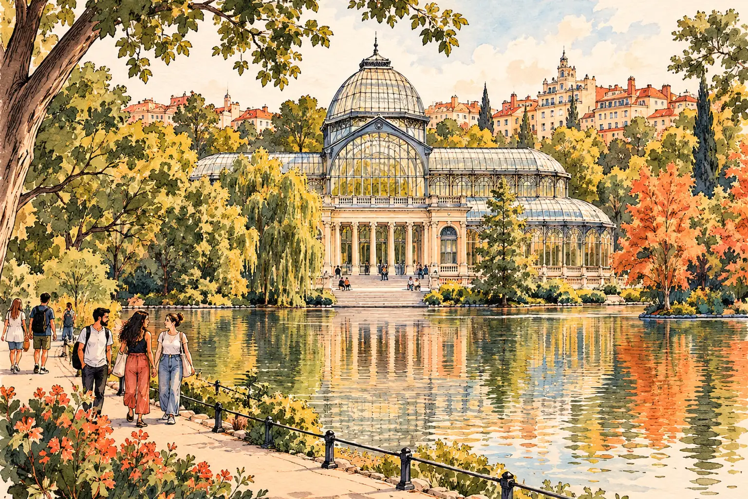 A hand-drawn view of Madrid’s Crystal Palace reflected in Retiro Park’s lake, with young adults walking by the water.