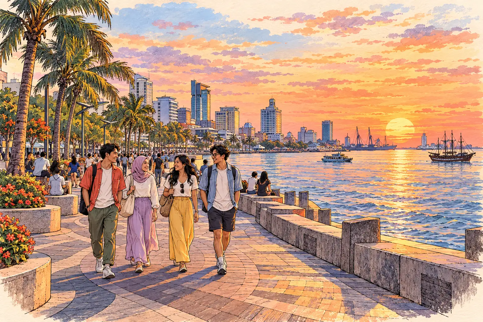 A hand-drawn view of Makassar’s paved Losari waterfront at sunset.