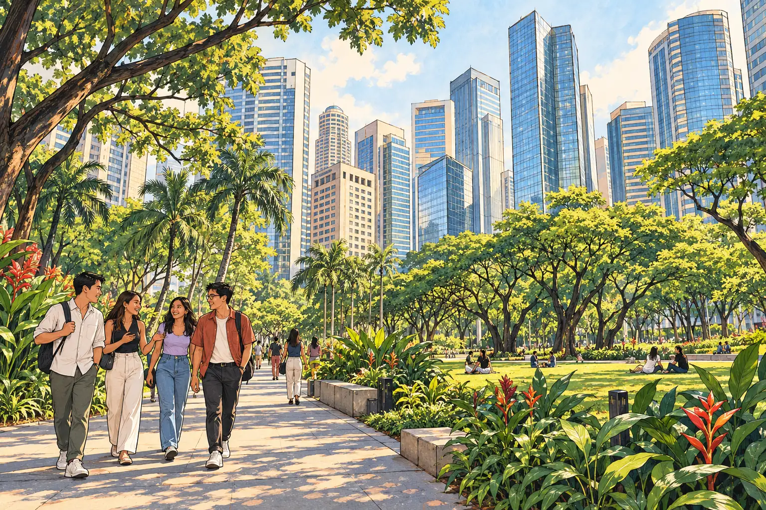Young adults walk through Ayala Triangle Gardens beneath Makati’s glass business district towers.