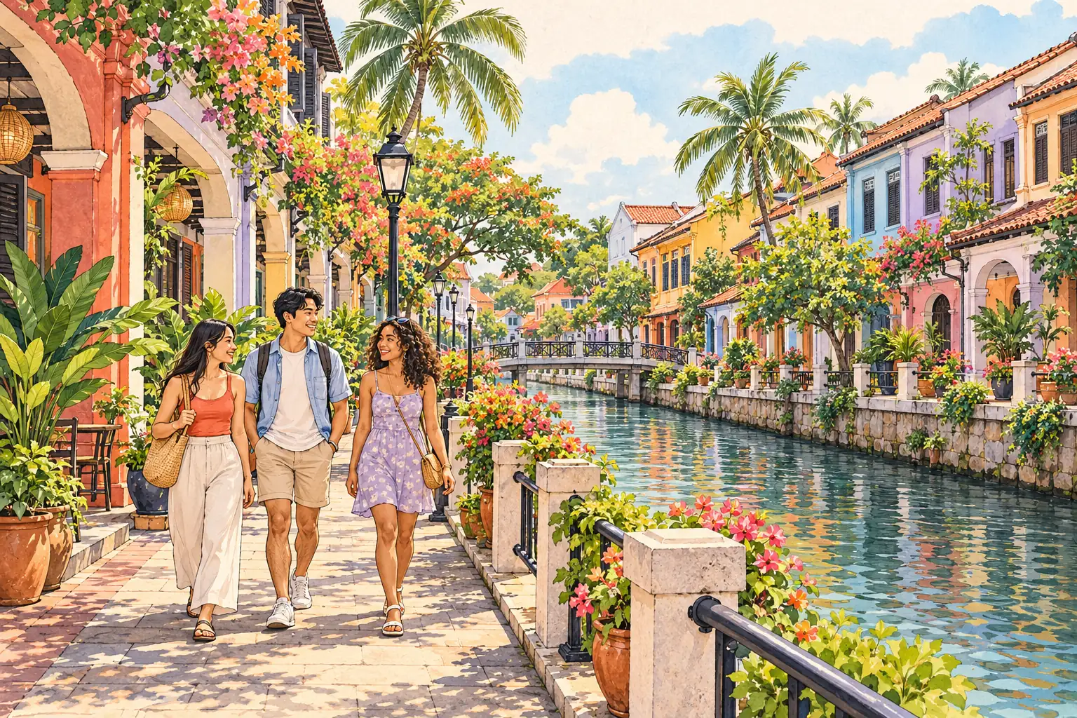 A hand-drawn view of Malacca, with local streets, greenery and young adults together.