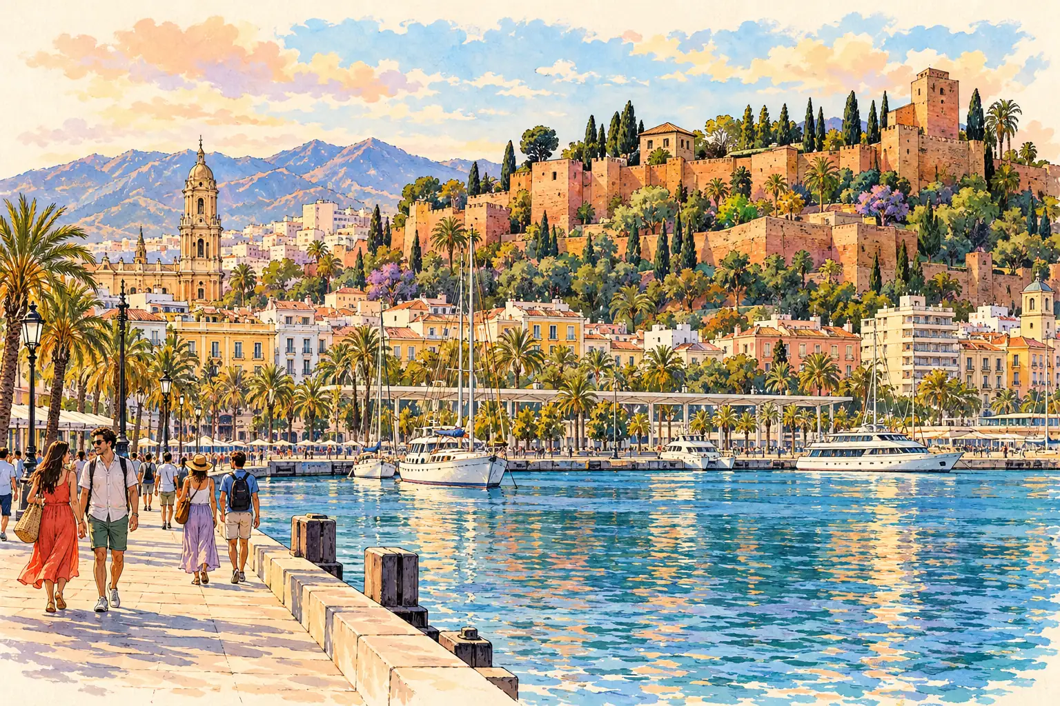 A hand-drawn view of Málaga’s Alcazaba above the harbor, with young adults walking along the Mediterranean waterfront.