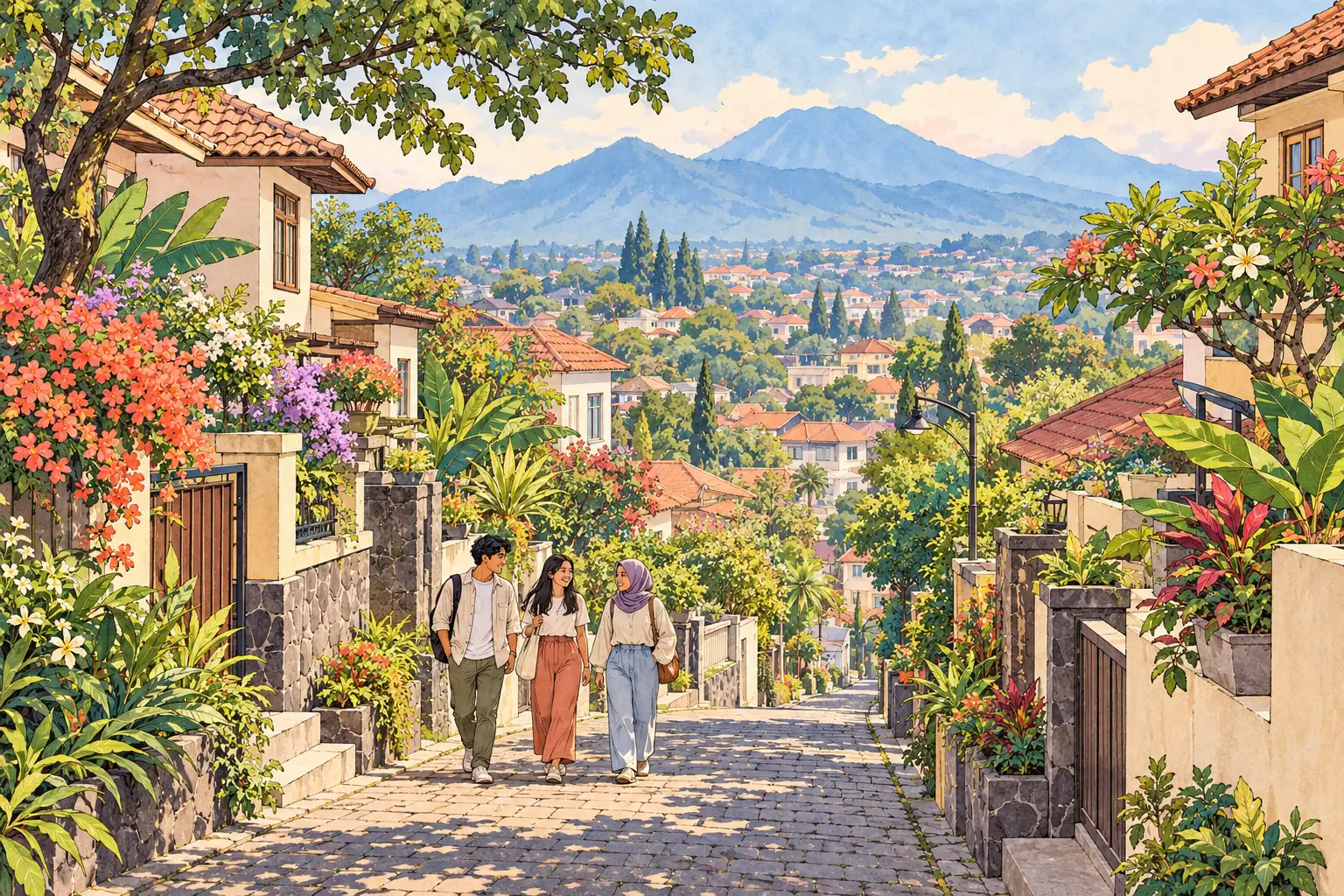 A hand-drawn Malang hillside neighborhood with young adults walking between tropical gardens and tiled-roof homes.