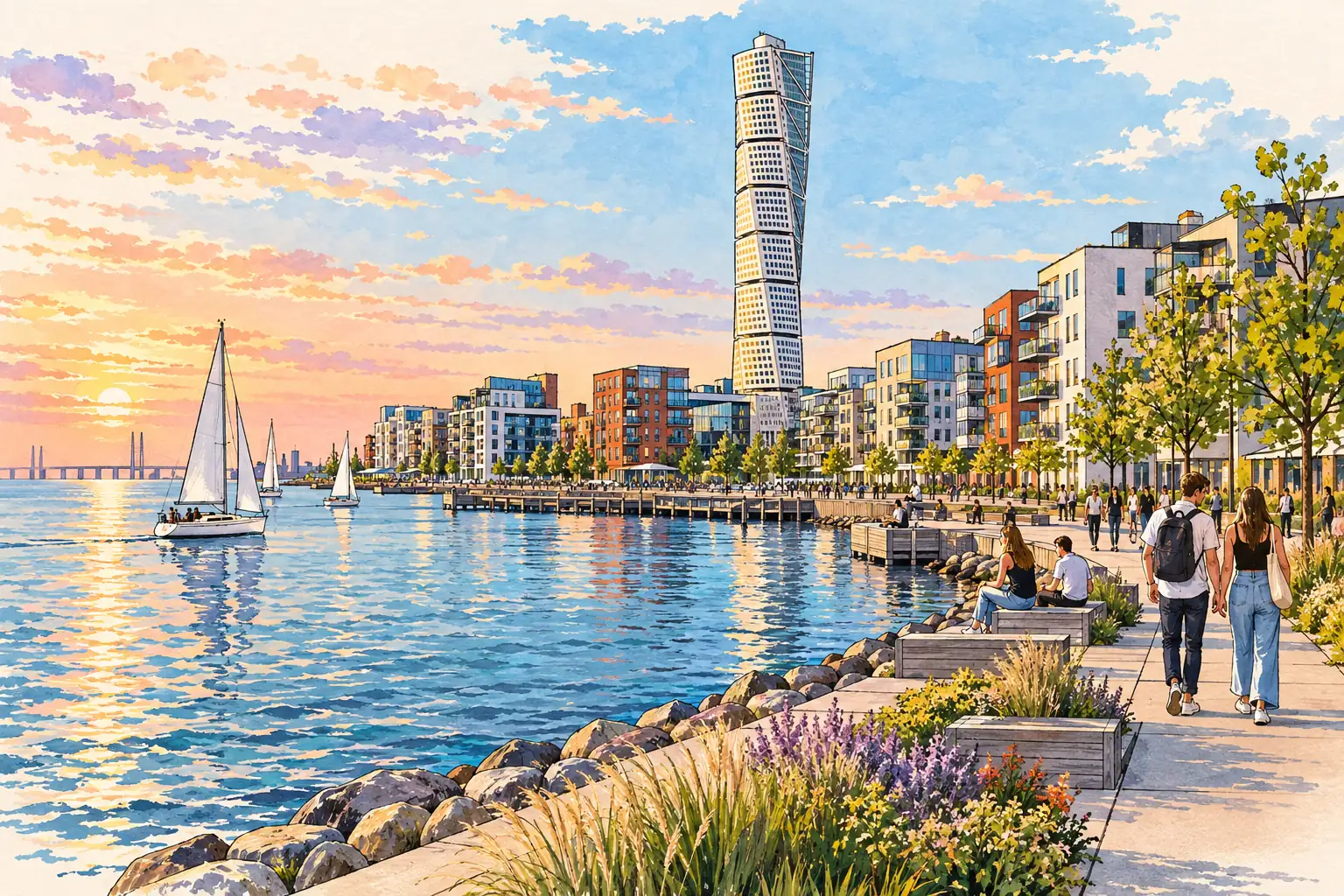 A hand-drawn view of Malmö’s western harbor, with the Turning Torso above the Øresund waterfront and young adults walking along the promenade.