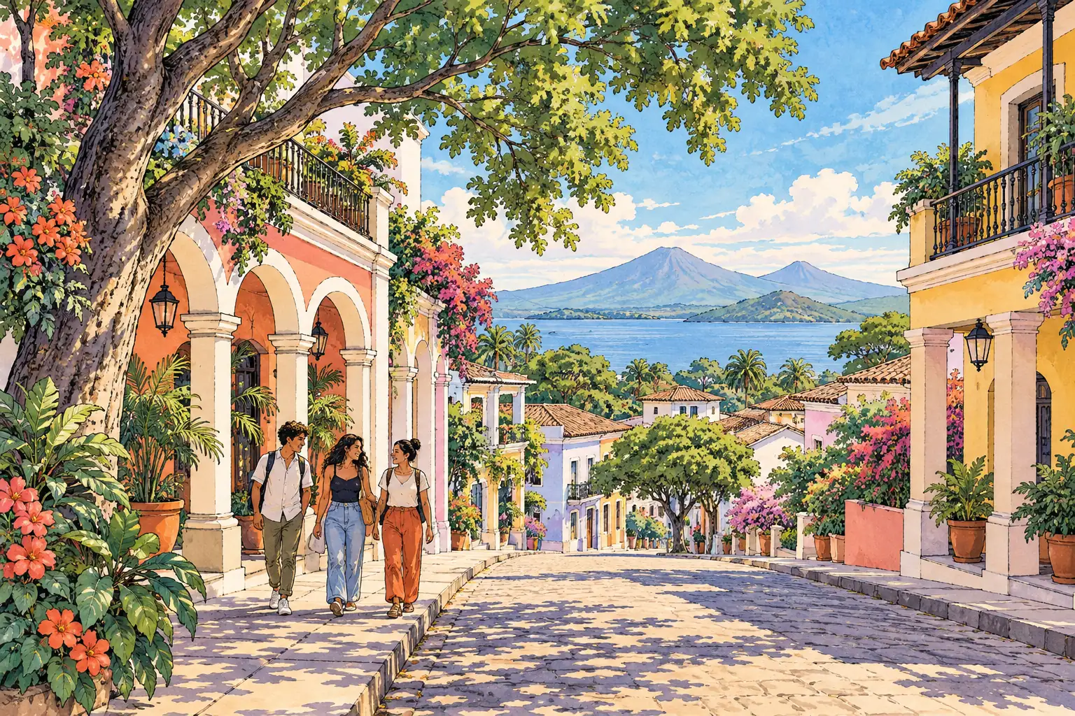 A hand-drawn tropical Central American street with shaded arcades, flowering trees and young adults, with a lake and volcanic hills beyond.