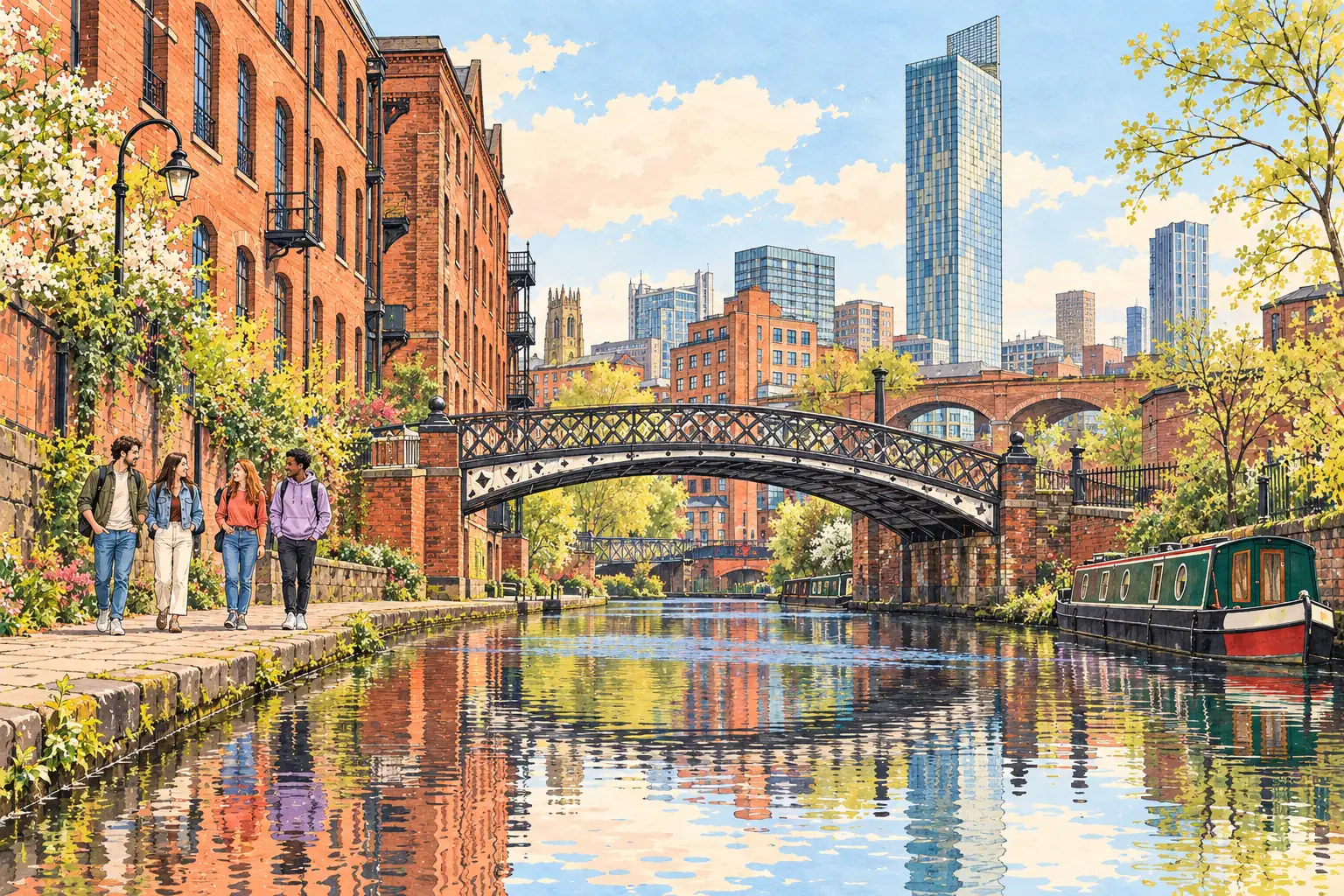 A hand-drawn view of Manchester’s canal warehouses and Beetham Tower, with young adults on the canalside path.