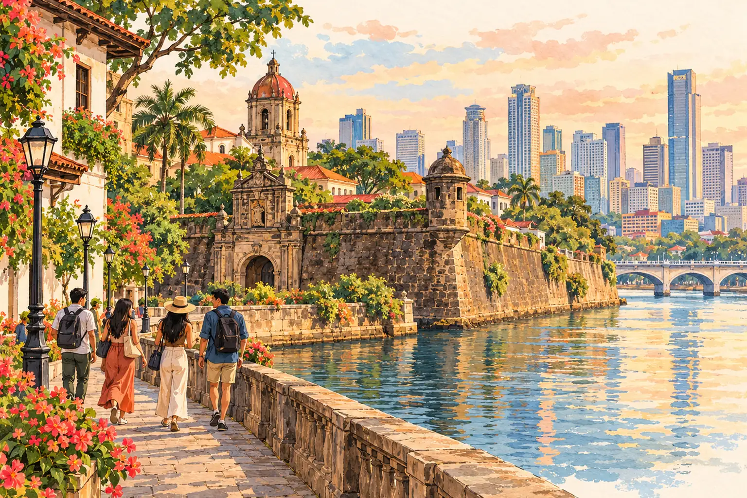 A hand-drawn Intramuros view of Manila with old stone walls and young adults walking beside the river.