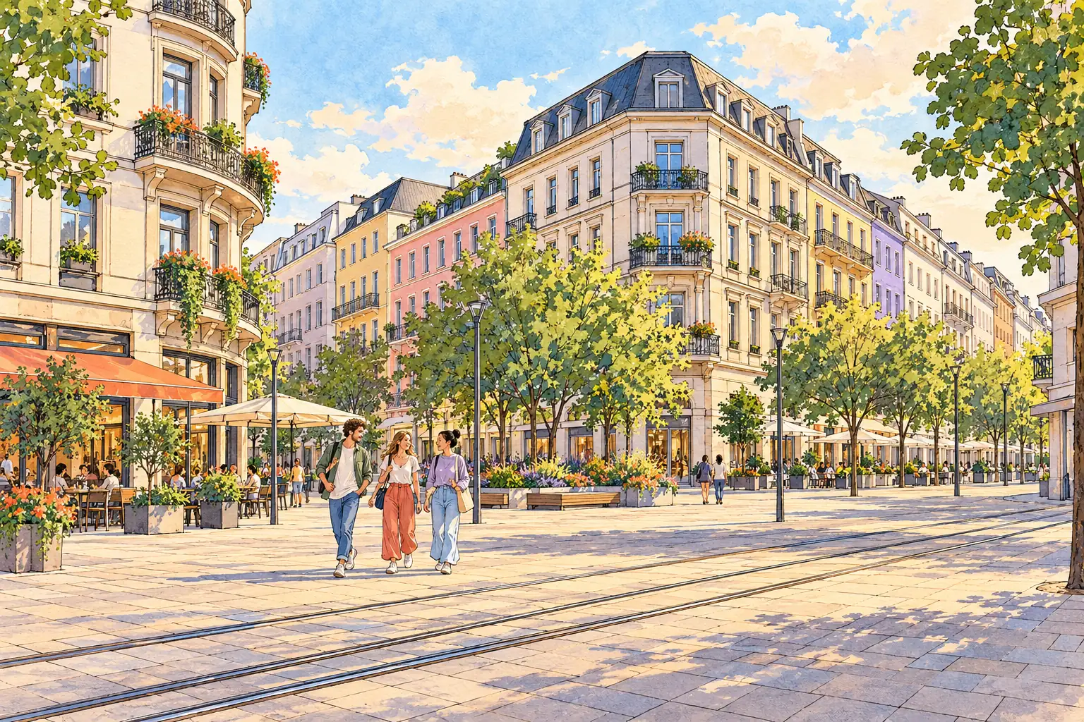 A hand-drawn Mannheim streetscape with orderly pastel facades, a pedestrian square and tram tracks, with young adults walking together.