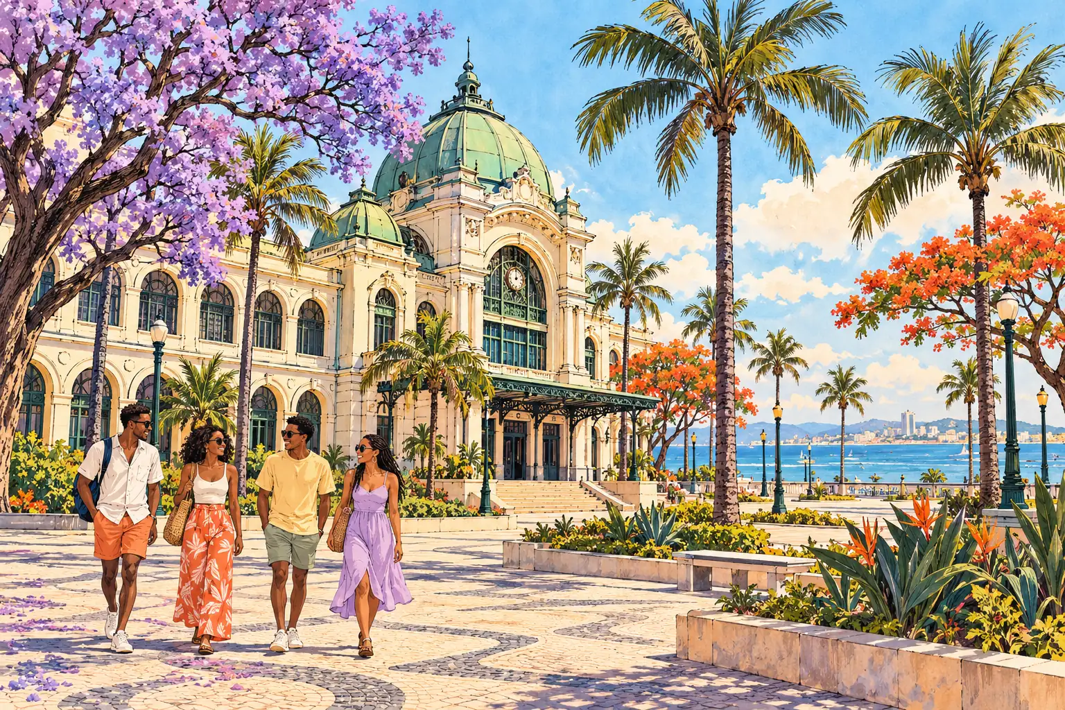 A hand-drawn view of Maputo’s Central Railway Station and domed roof among palms, jacarandas and young adults.