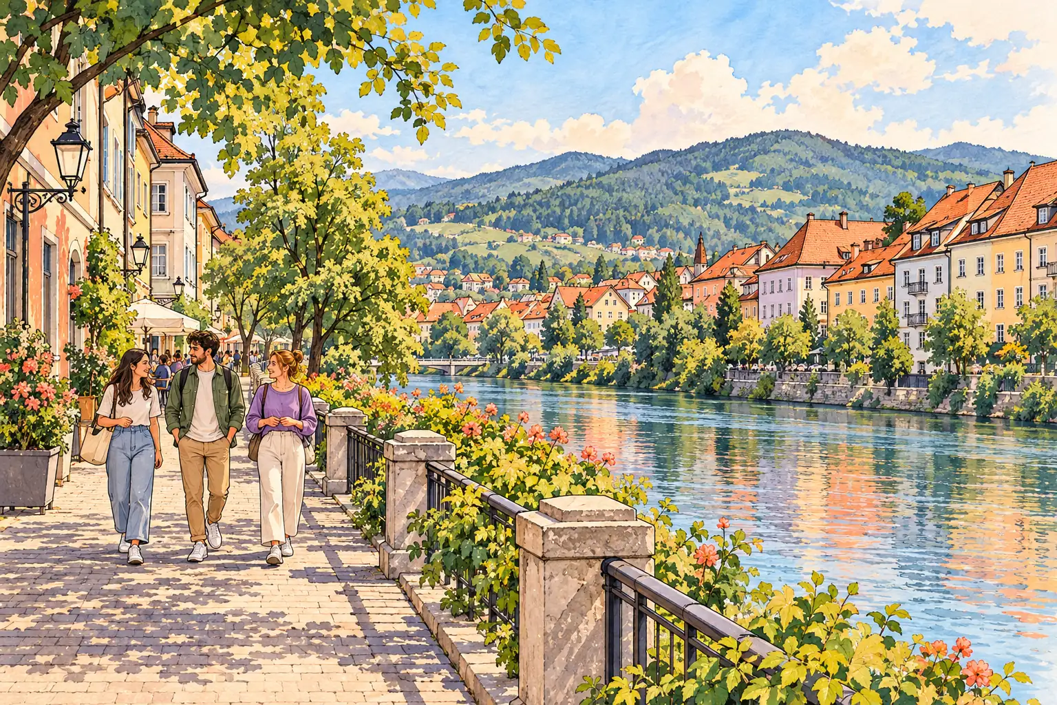 A hand-drawn Maribor riverside neighborhood with young adults walking between pastel buildings and green foothills.