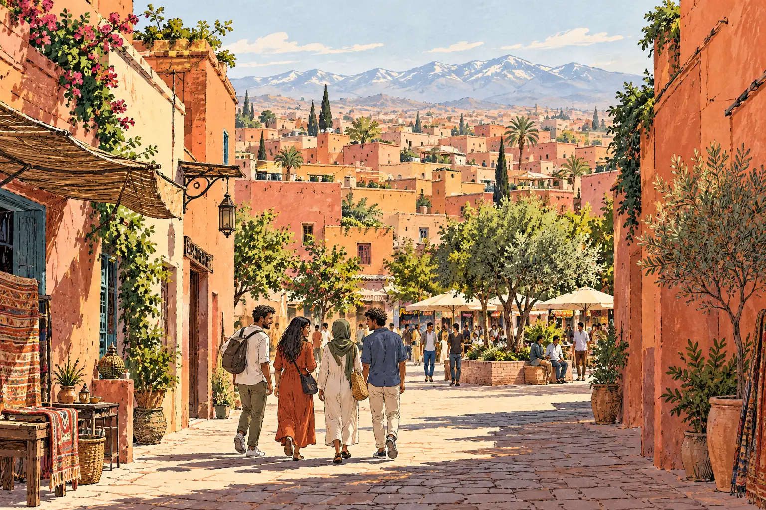 Young adults walk through a shaded Marrakesh medina lane among red-ochre walls and courtyard greenery.