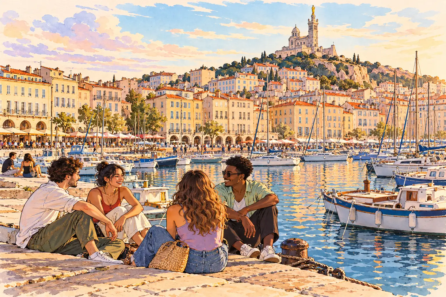 A hand-drawn view of Marseille’s Old Port, boats and hilltop basilica, with young adults by the water.