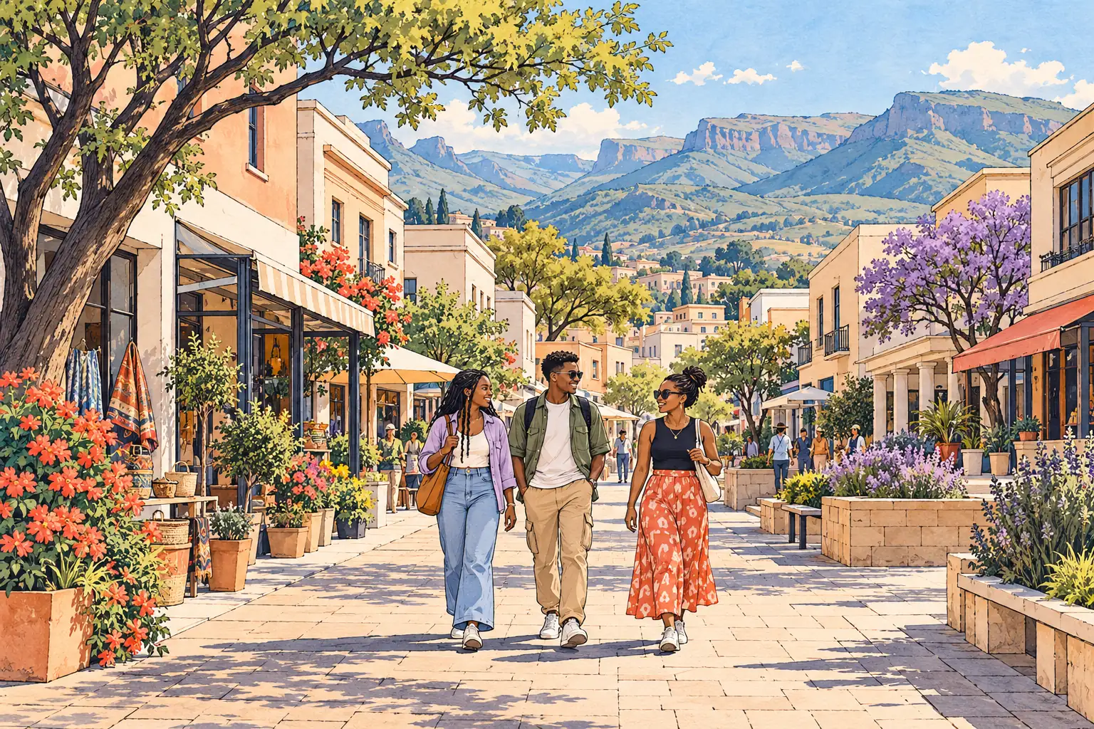 A hand-drawn highland street in Maseru, with low-rise buildings, flowering trees, distant Maloti foothills and young adults walking together.